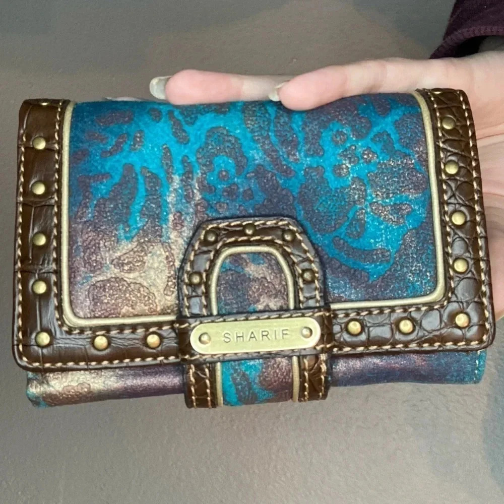 NWOT Sharif Metallic Blue and Purple Leather Tri-Fold Wallet Boho Rare